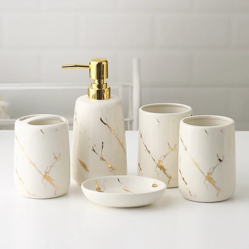 Marmor Badezimmer Set aus Keramik – Seifenspender, Zahnputzbecher & Ablage